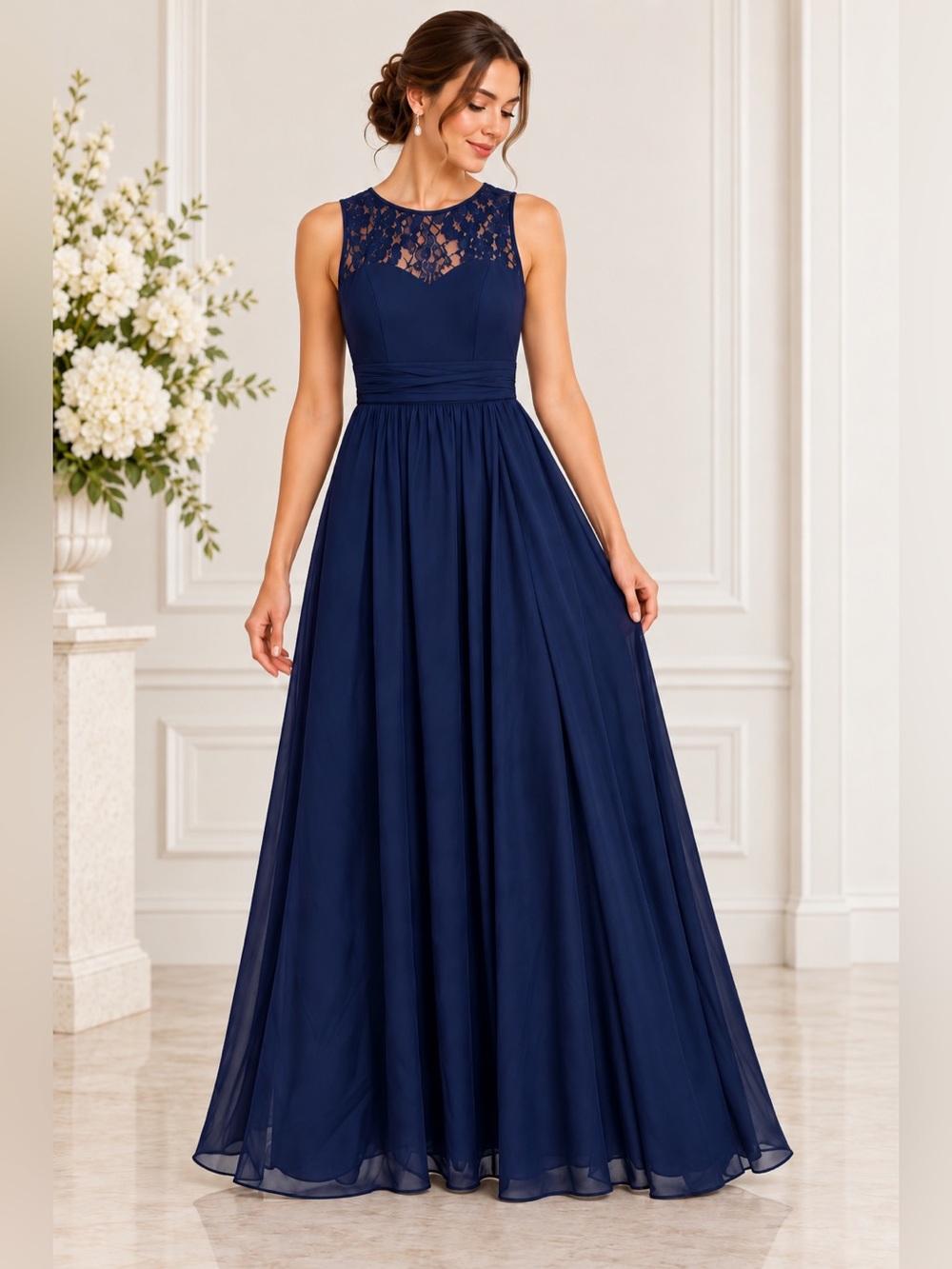 Navy Blue Lace Chiffon Maxi Formal Dress Small S